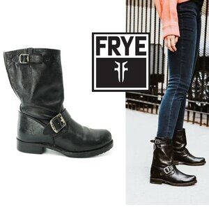 FRYE Boots Size 8 FRYE Veronica MOTO Vintage Black Leather Buckle Engineer Flat